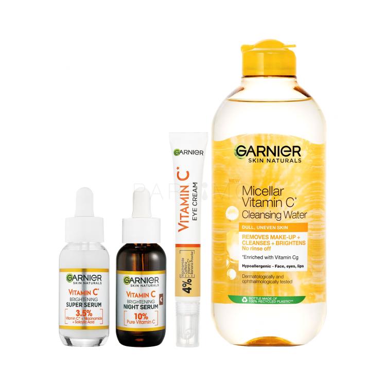 Set Mizellenwasser Garnier Skin Naturals Vitamin C Micellar Cleansing Water + Gesichtsserum Garnier Skin Naturals Vitamin C Brightening Super Serum + Augencreme Garnier Skin Naturals Vitamin C Eye Cream + Gesichtsserum Garnier Skin Naturals Vitamin C Brightening Night Serum