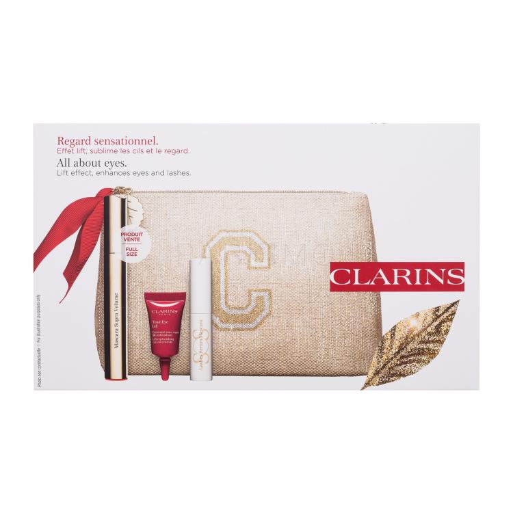 Clarins Mascara Supra Volume Geschenkset Mascara Supra Volume 8 ml + Augencreme Total Eye Lift 3 ml + Pflegemascara SOS Lashes Serum Mascara 3 ml + Kosmetiktasche