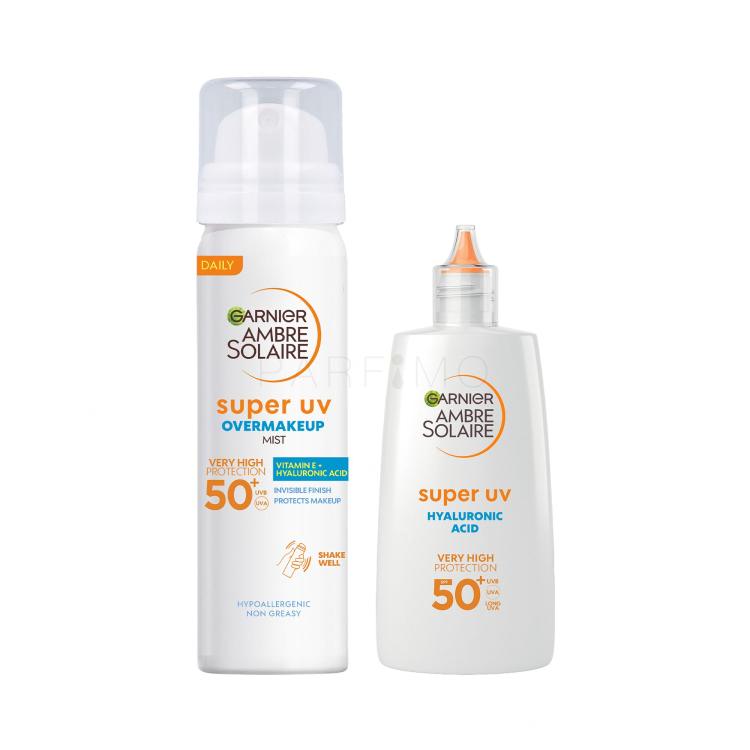 Set Sonnenschutz fürs Gesicht Garnier Ambre Solaire Super UV Hyaluronic Acid SPF50+ + Sonnenschutz fürs Gesicht Garnier Ambre Solaire Super UV Over Makeup Protection Mist SPF50