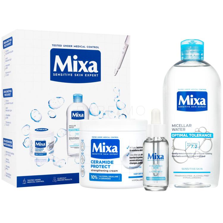 Mixa Hyaluronic Acid + Lactic Acid Anti-Dryness Hydrating Serum Geschenkset Gesichtsserum Hyaluronic Acid Lactic Acid Serum 30 ml + Optimal Tolerance Micellar Water 400 ml + Körpercreme Ceramide Protect Strengthening Cream 400 ml