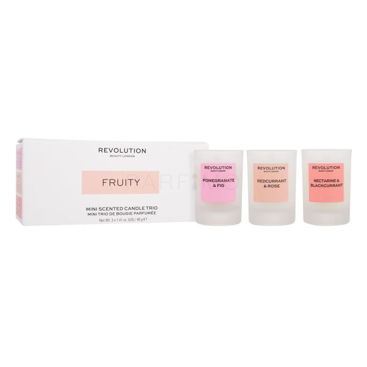 Revolution Home Fruity Mini Scented Candle Trio Geschenkset Duftkerze Pomeranate &amp; Fig 40 g + Duftkerze Redcurrant &amp; Rose 40 g + Duftkerze Nectarine &amp; Blackcurrant 40 g