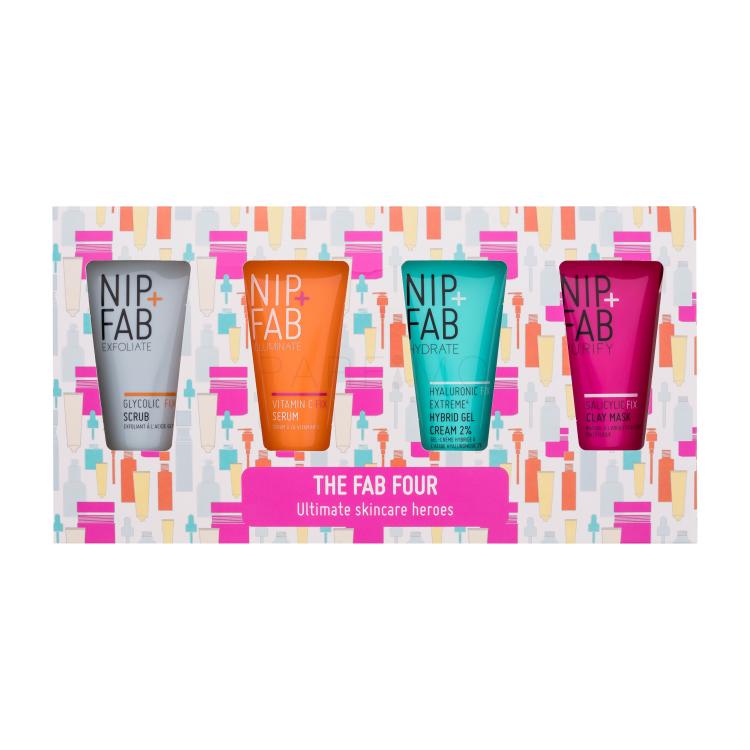 NIP+FAB The Fab Four Ultimate Skincare Heroes Geschenkset Gesichtspeeling Exfoliate Glycolic Fix Scrub 20 ml + Gesichtsserum Illuminate Vitamin C Fix Serum 20 ml + Gesichts-Gel-Creme Hydrate Hyaluronic Fix Extreme Hybrid Gel Cream 2% 20 ml + Gesichtsmaske Purify Salicylic Fix Clay Mask 20 ml