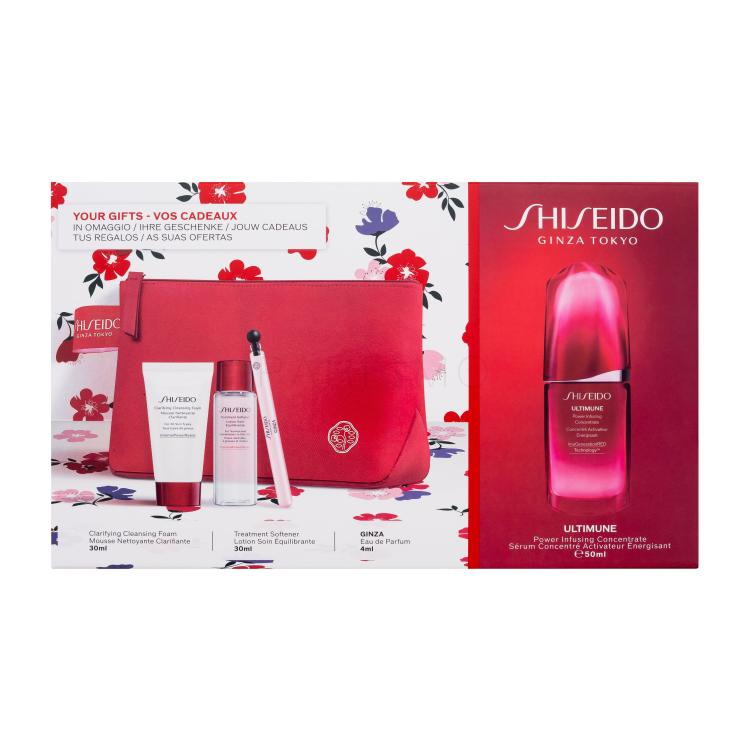 Shiseido Ultimune Power Infusing Concentrate Geschenkset Gesichtsserum Ultimune Power Infusing Concentrate 50 ml + Reinigungsschaum Clarifying Cleansing Foam 30 ml + Gesichtswasser Treatment Softener 30 ml + Eau de Parfum 4 ml + Kosmetiktasche